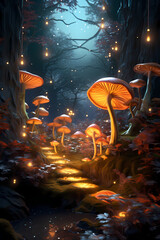 Naklejka premium Enchanted Grove: Whimsical Forest Filled with Glowing Mushrooms and Mystical Creatures