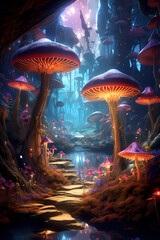 Enchanted Grove: Whimsical Forest Filled with Glowing Mushrooms and Mystical Creatures