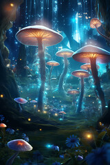 Enchanted Grove: Whimsical Forest Filled with Glowing Mushrooms and Mystical Creatures