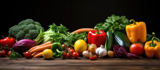 Colorful locally grown organic vegetables displayed on a rustic wooden table under moody lighting