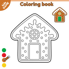 Outline gingerbread house. Page of coloring book for kids with cartoon Christmas treat. Color contour new year cookies. Activity book for children. Vector illustration of the classic Xmas biscuit.