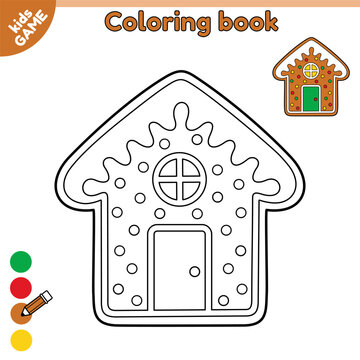 Outline gingerbread house. Page of coloring book for kids with cartoon Christmas treat. Color contour new year cookies. Activity book for children. Vector illustration of the classic Xmas biscuit.