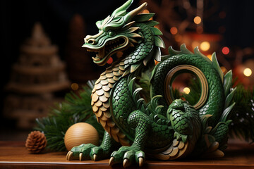 Fototapeta premium Vibrant 2024 - Festive Green Wooden Dragon Celebrating New Year and Christmas