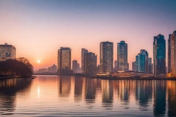 Fototapeta premium A serene cityscape at dawn or dusk - AI Generative