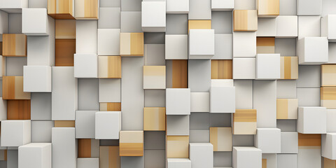 Modern 3d cube pattern wall with white and wooden blocks, creating a striking contemporary abstract geometric background design