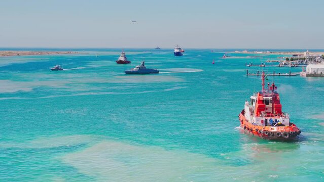 Yanbu, Saudi Arabia - Mar 16 2023, 4k, Aerial view panorama marina and port Lighthouse, Yanbu, Saudi Arabia