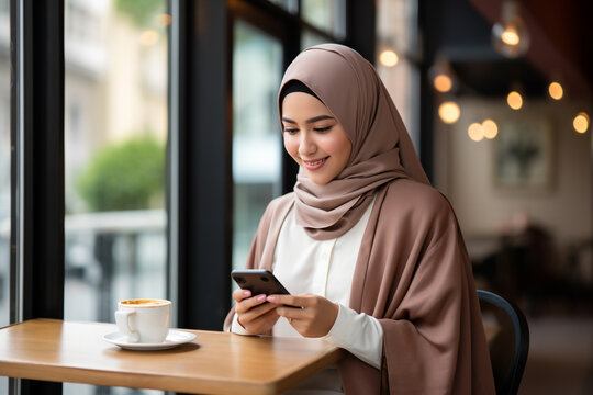 muslim woman looking phone and drinking cafe in bar