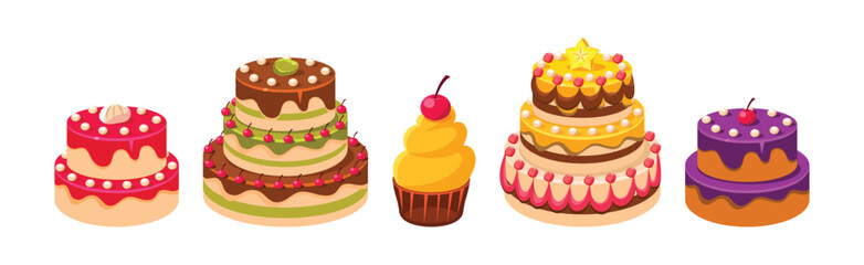 Baked Cake and Sweet Dessert with Decoration Vector Set