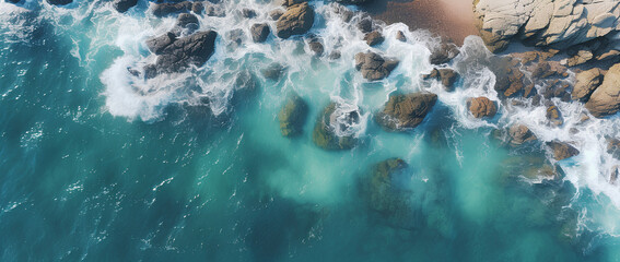 Aerial view of sea and rocks, ocean blue waves crashing  - Powered by Adobe