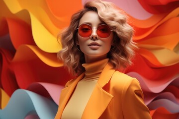 Beautiful woman wearing glasses on colorful background, style to open a presentation on the main consumer trends in 2023. - obrazy, fototapety, plakaty