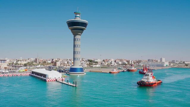 Yanbu, Saudi Arabia - Mar 16 2023, 4k, Aerial view panorama marina and port Lighthouse, Yanbu, Saudi Arabia