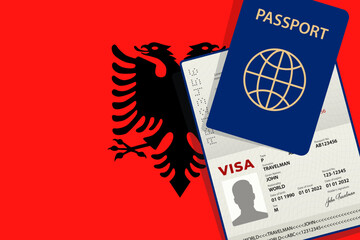 Visa and Passport to Albania. Albanian Flag Background. Vector illustration - obrazy, fototapety, plakaty