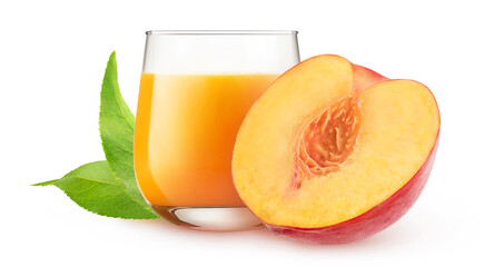 Half of peach fruit anf glass of peach juice isolated on white