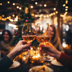 Selective focus at wine glass in hands, cheer and toast, blur and defocus background of interior bar vibe with golden bokeh.

 - obrazy, fototapety, plakaty