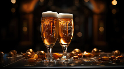 Beer glass on party dark background.