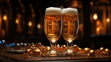 Beer glass on party dark background. - obrazy, fototapety, plakaty