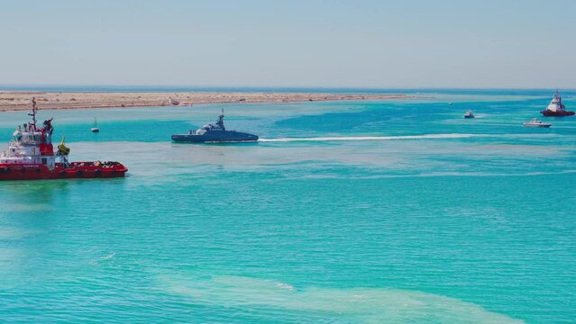 Yanbu, Saudi Arabia - Mar 16 2023, 4k, Aerial view panorama marina and port Lighthouse, Yanbu, Saudi Arabia