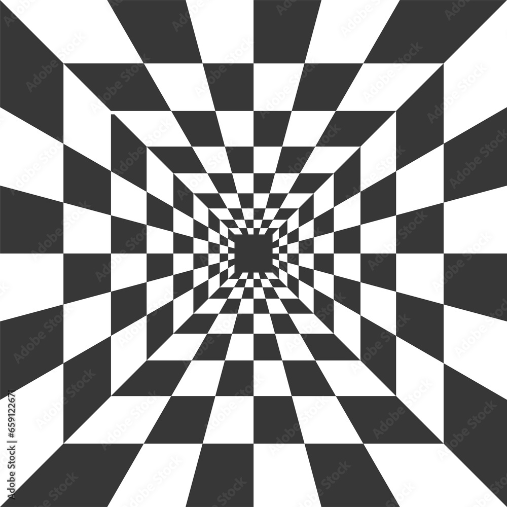 Poster checkerboard black and white psychedelic pattern. optical illusion art background. chess grid abstra