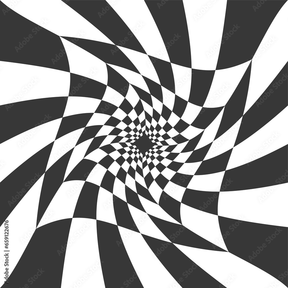 Poster checkerboard black and white psychedelic pattern. optical illusion art background. chess grid abstra