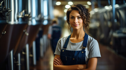 Portrait of woman employee in modern beer production facility. - obrazy, fototapety, plakaty