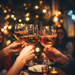 Selective focus at wine glass in hands, cheer and toast, blur and defocus background of interior bar vibe with golden bokeh.

 - obrazy, fototapety, plakaty