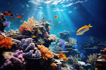 Underwater world at depth coral reefs many different types of fish life under water