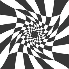 Checkerboard black and white psychedelic pattern. Optical illusion art background. Chess grid abstract Y2k square. Wavy circular perspective illustration