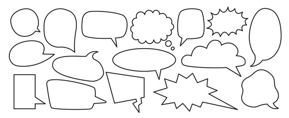 Fototapeta premium Empty speech boxes, chat message icons, thinking signs. Outline vector illustrations isolated on white background