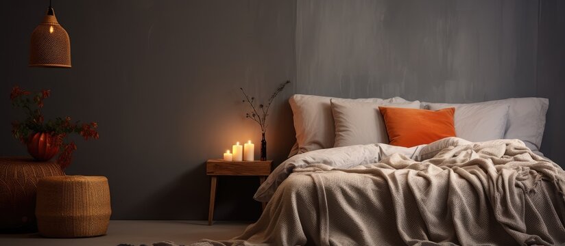 A bedroom interior with rust colored linen and cushions a grey blanket rattan bedside table and metal wall light seen through an open door