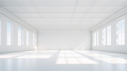 An empty, white room, with a few large windows at the top