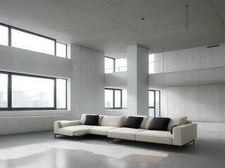 Naklejka na ściany i meble Modern living room with white couch and black pillows