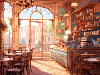 Fototapeta na wymiar Interior of a city street cafe in the morning without visitors watercolor illustration