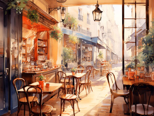 Fototapeta na wymiar Interior of a city street cafe in the morning without visitors watercolor illustration