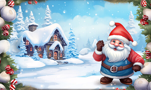 Santa Claus standing in front of a family house in a snowy landscape. A magical Christmas escape. digital AI