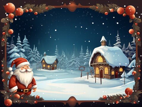 Winter wonderland and a small village with Santa Clause in the foreground. A Christmas card come to life. generative Ai