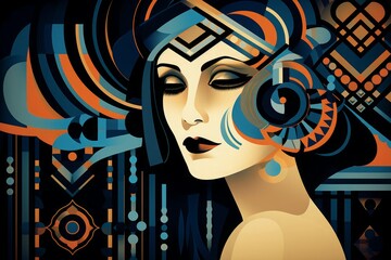 Deco art illustration of a woman. Generative AI.