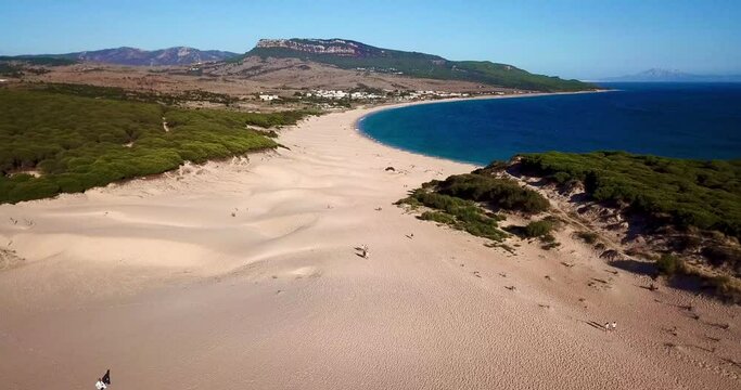 aerial view, flight from the top of the Dunes of Bolonia towards the Atlantic Ocean, Cadiz, Costa de la Luz, Andalusia, Spain