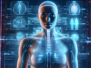 Medical hologram with a human body being examined in modern hud style, futuristic healthcare, science concept, generative ai	