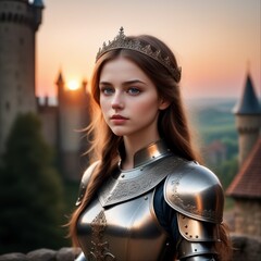girl wearing golden queen of warrior armor fancy dress - obrazy, fototapety, plakaty