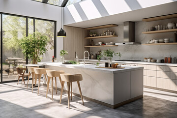 interior of a modern kitchen with open shelves,