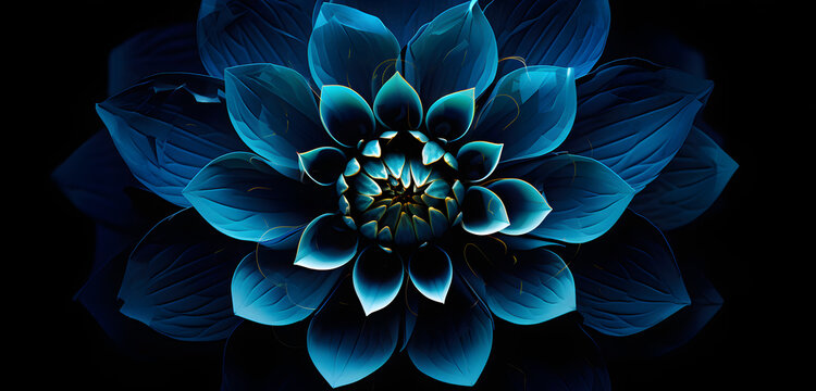 Digitally enhanced  of a dahlia flower with deep midnight blue petals blossoming against a black background, emanating a mysterious and elegant vibe perfect for various designs