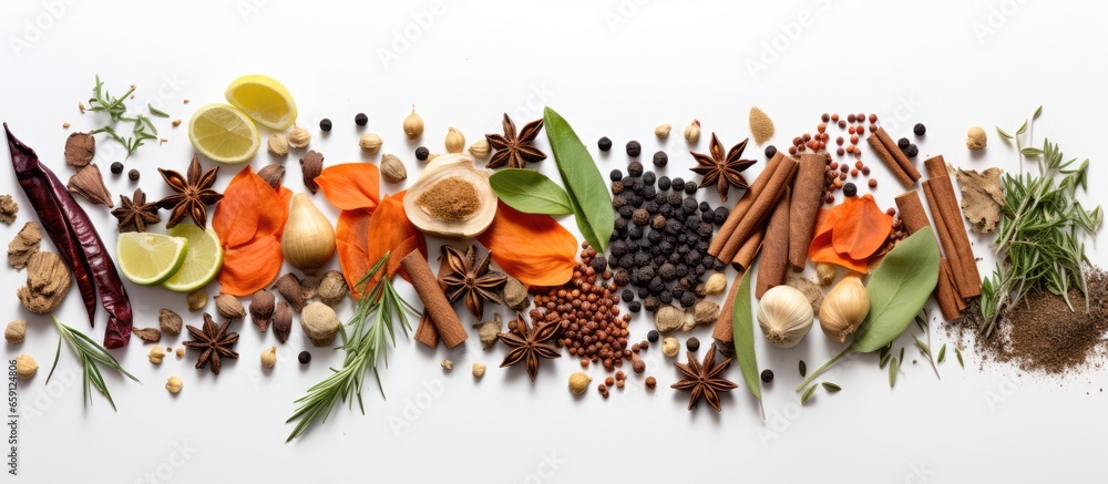 Poster assorted herbs and spices on white background from above