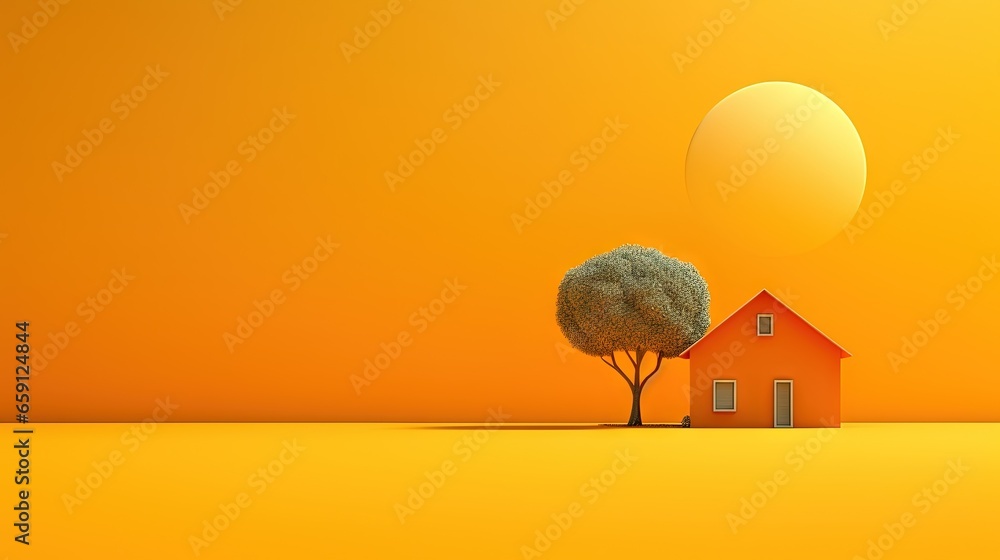Poster a house and a tree on a yellow background with a sun in the background. generative ai