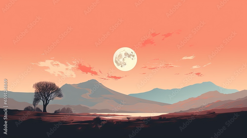 Poster a painting of a sunset with a lone tree in the foreground. generative ai