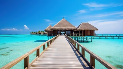  a wooden pier leading to a hut on the water with a dock in front of it.  generative ai