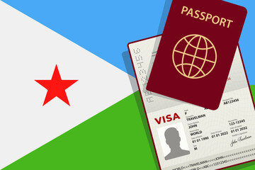 Visa to Djibouti and Passport. Djibouti Flag Background. Vector illustration
