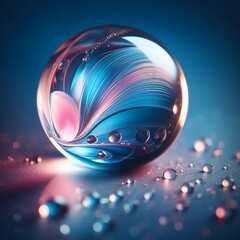 Beautiful clean transparent bright drop of water on smooth surface in blue and pink colors, macro. Creative image of beauty of environment and nature - obrazy, fototapety, plakaty