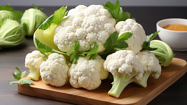  a pile of cauliflower sitting on top of a wooden cutting board.  generative ai