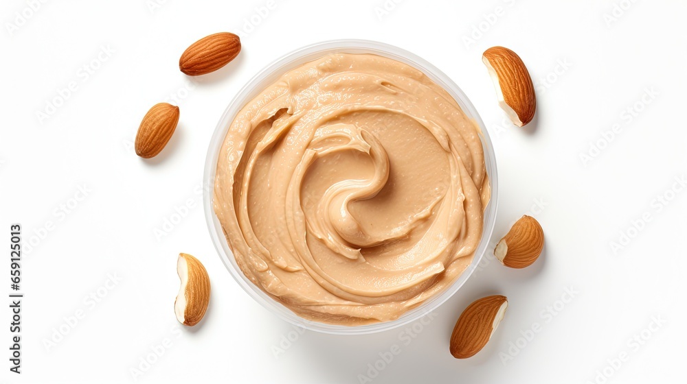 Poster a bowl of peanut butter with almonds on the side. generative ai