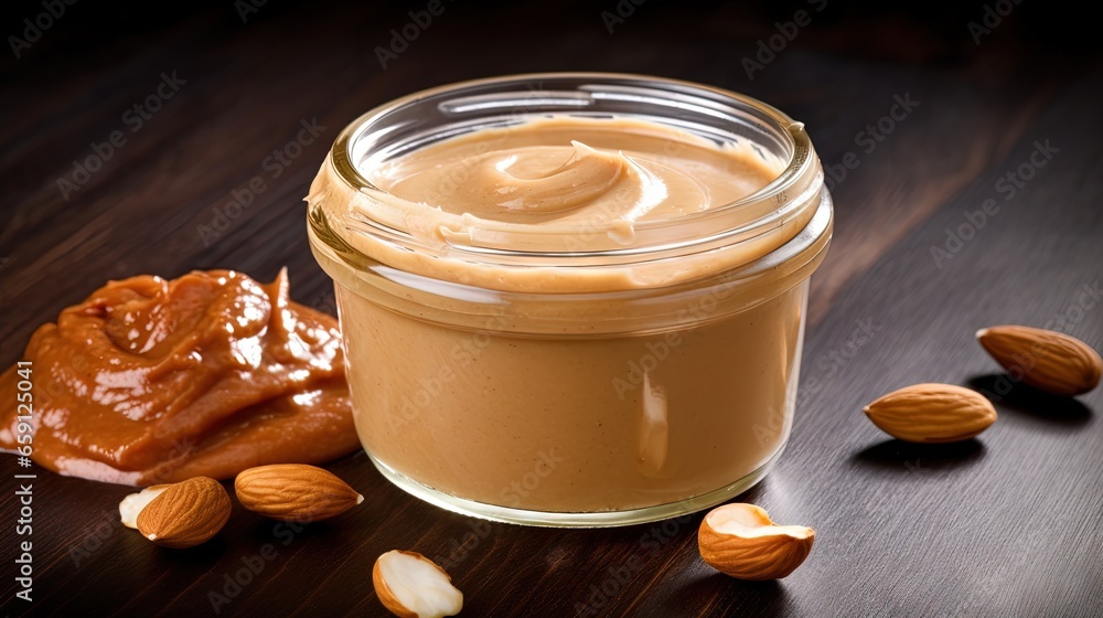Poster a jar of peanut butter next to almonds on a table. generative ai